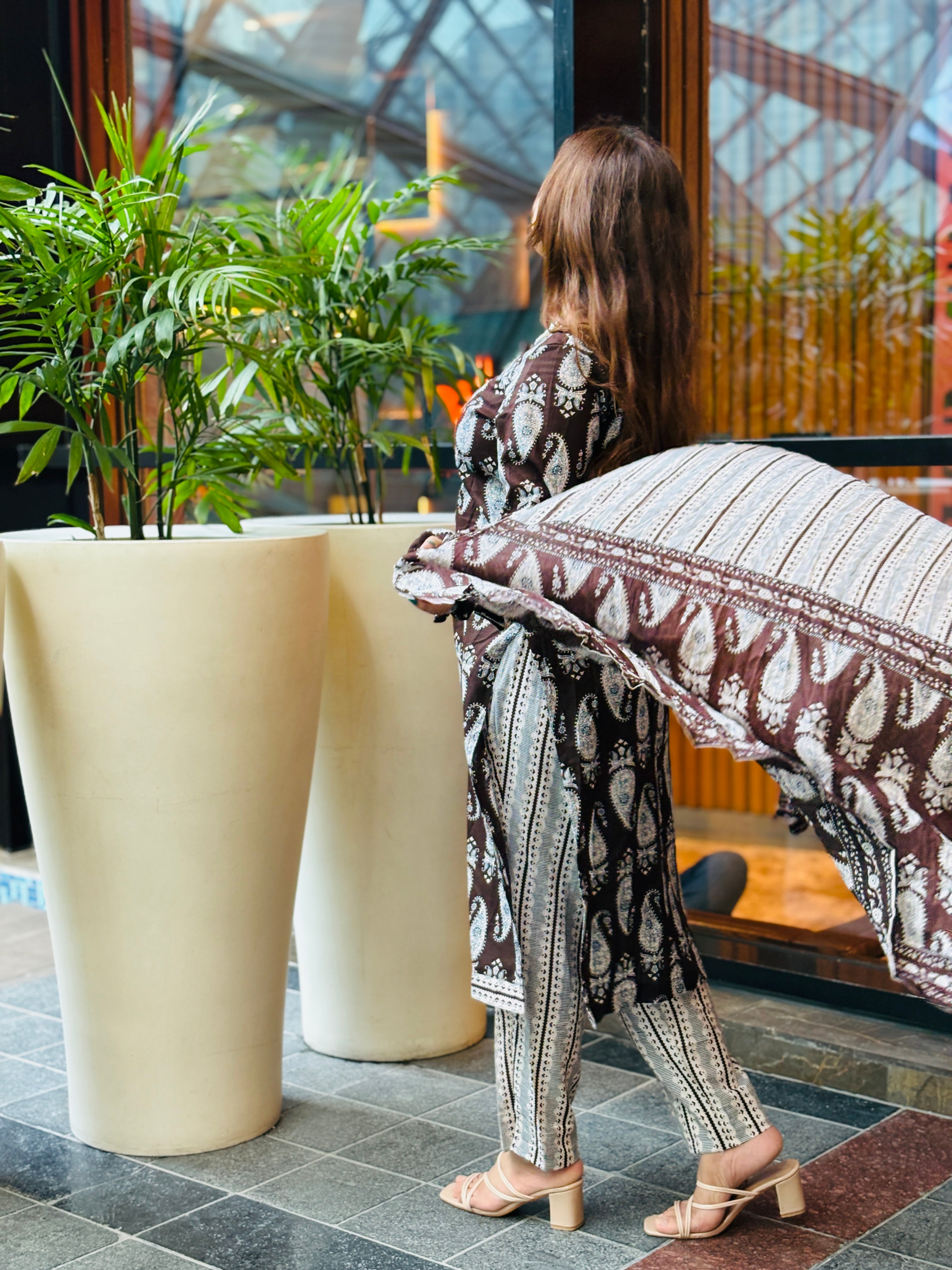 Elegant Brown & White Paisley Suit Set