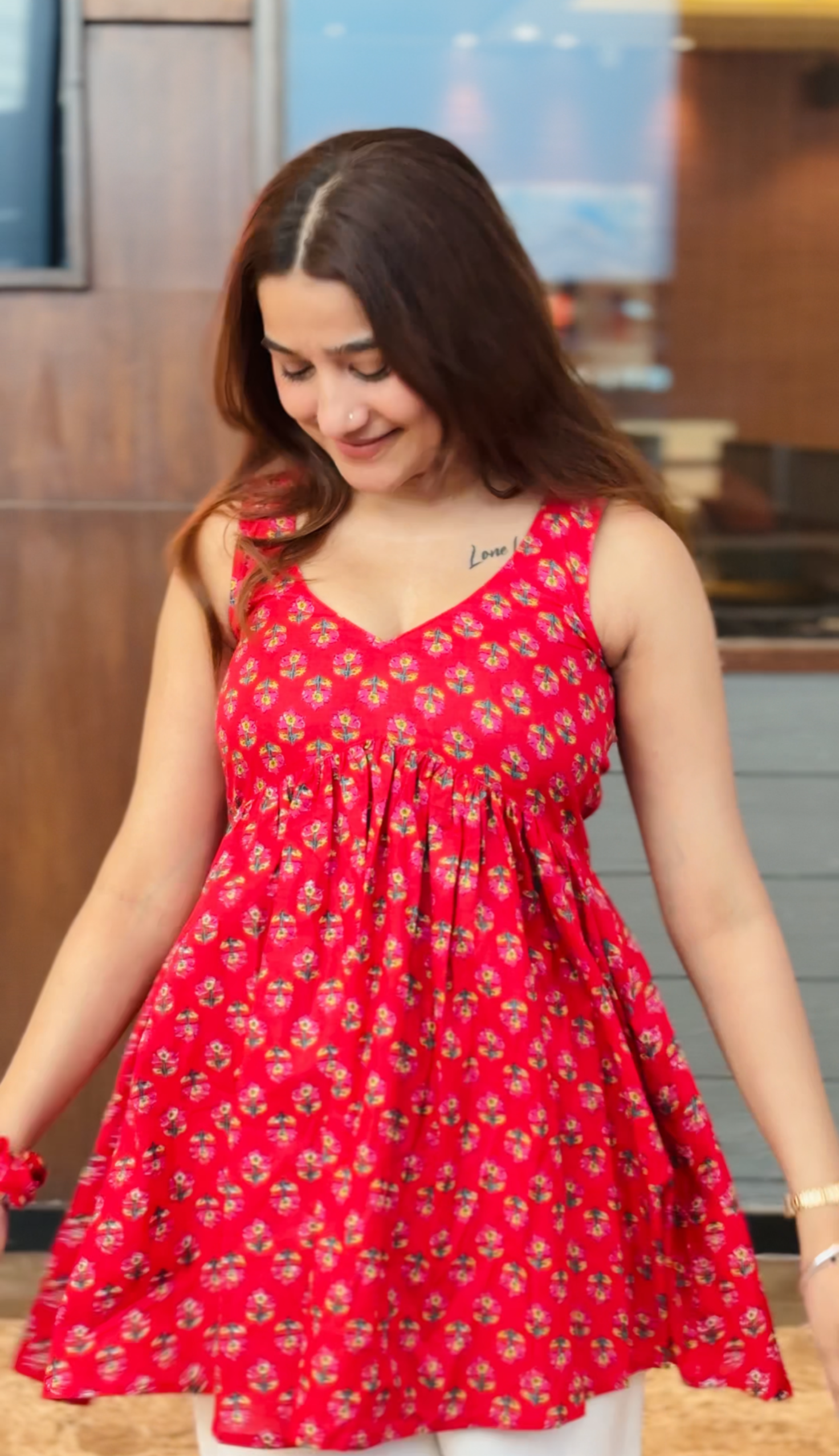 Red Floral Sleeveless Cotton Tunic