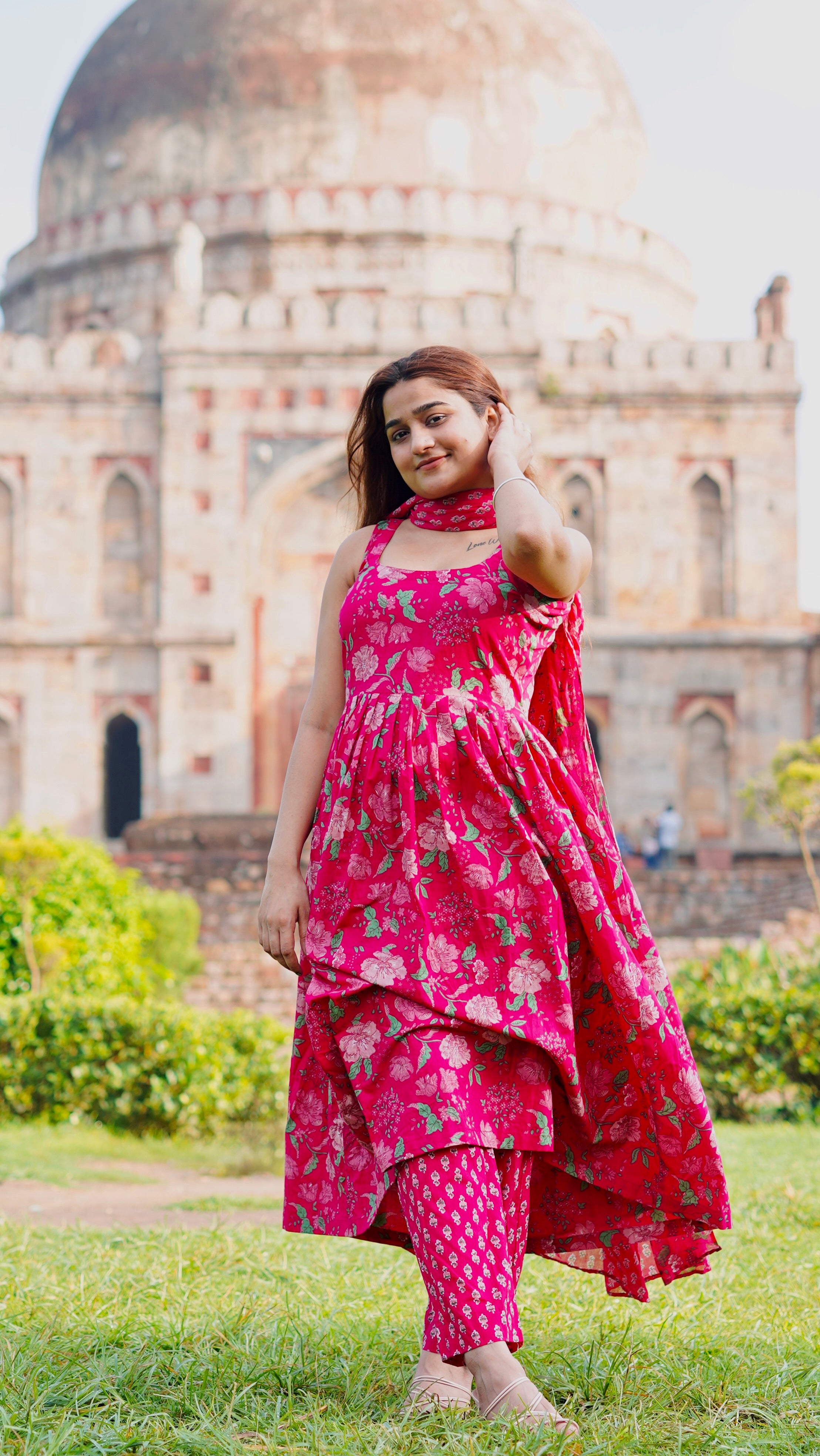 Floral Printed Pure Cotton Anarkali Kurta Set with Dupatta (3-Piece Set)
