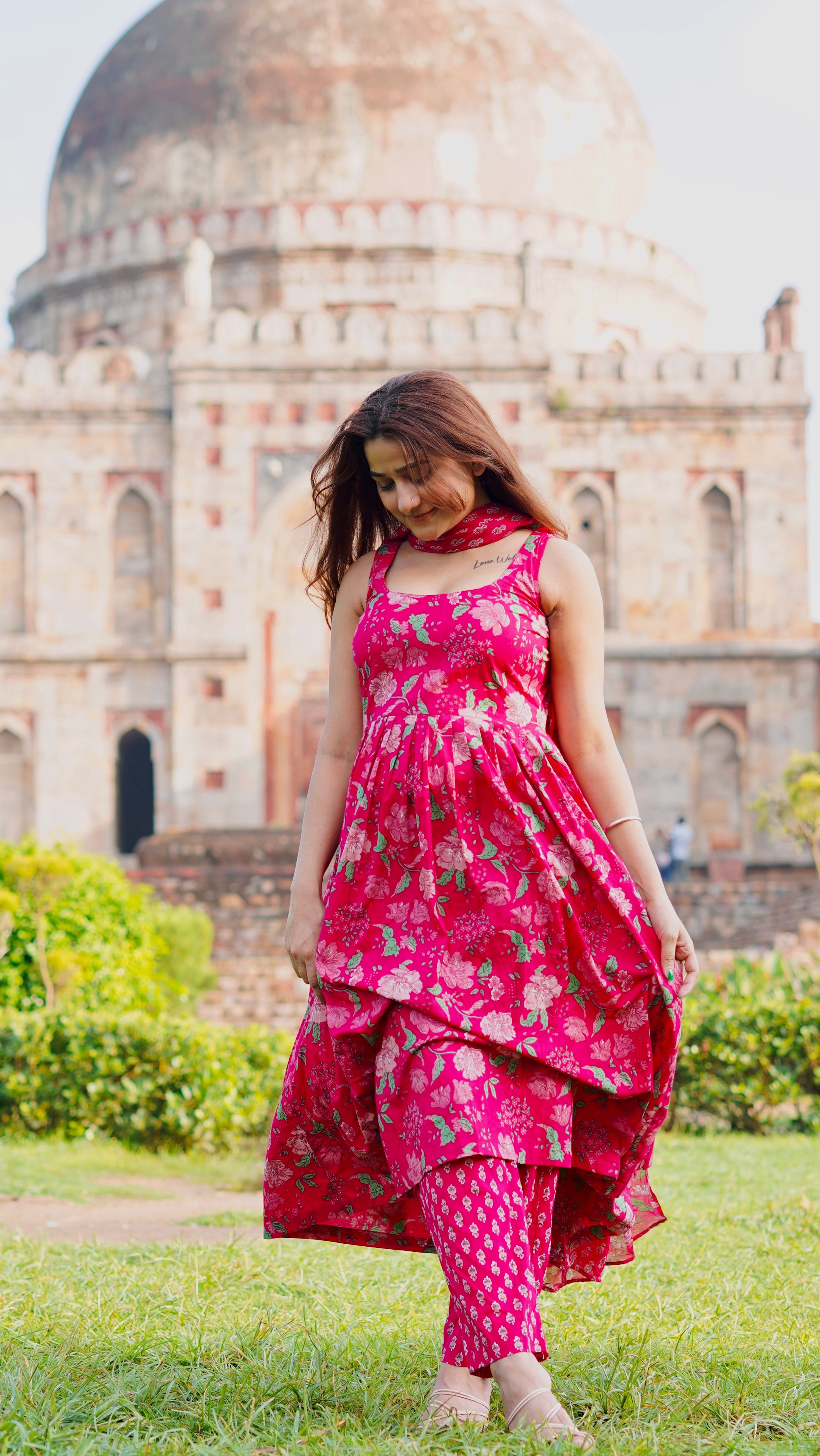 Floral Printed Pure Cotton Anarkali Kurta Set with Dupatta (3-Piece Set)