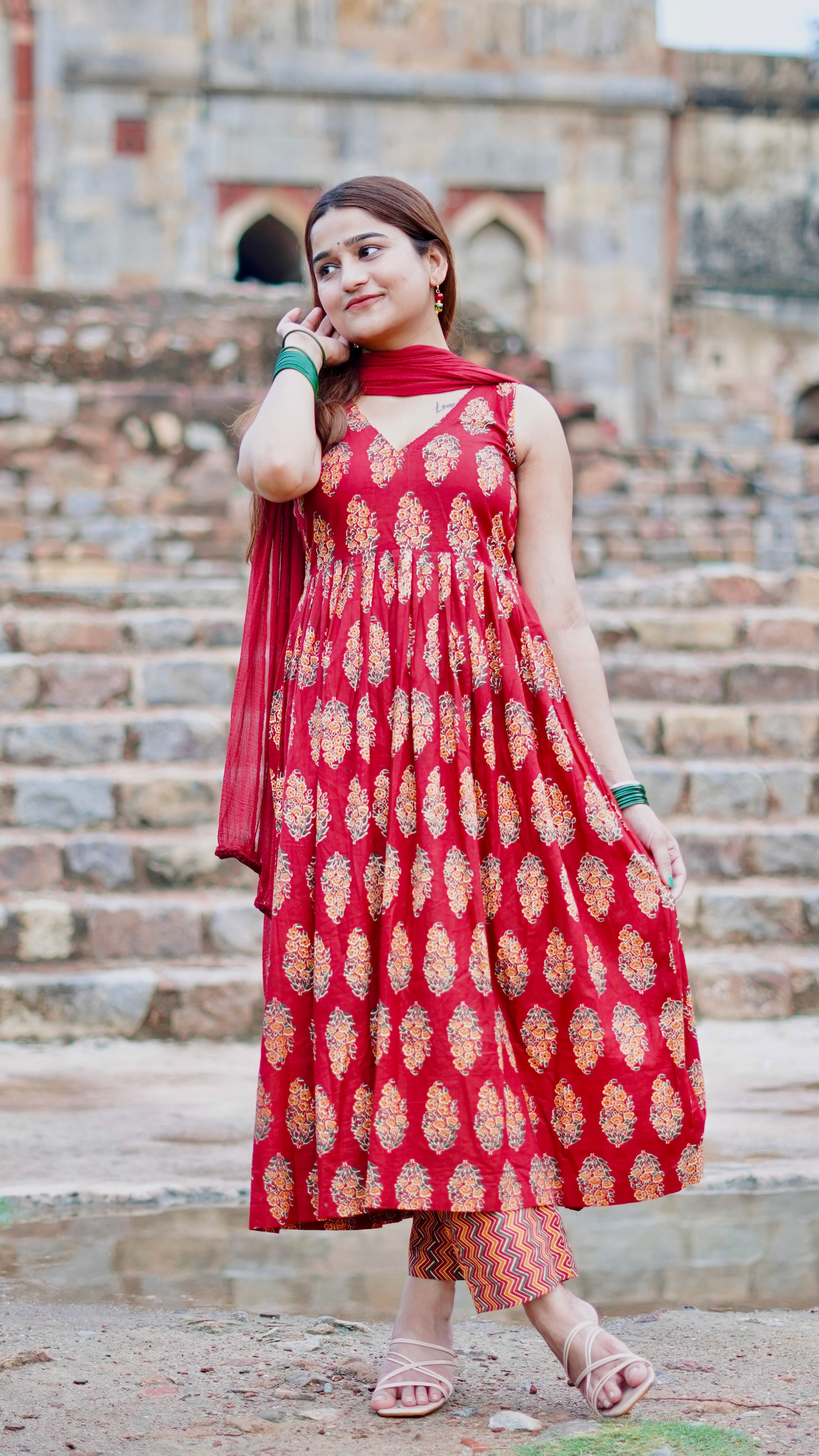 Printed Anarkali Cotton Suit Set (3-Piece Set)