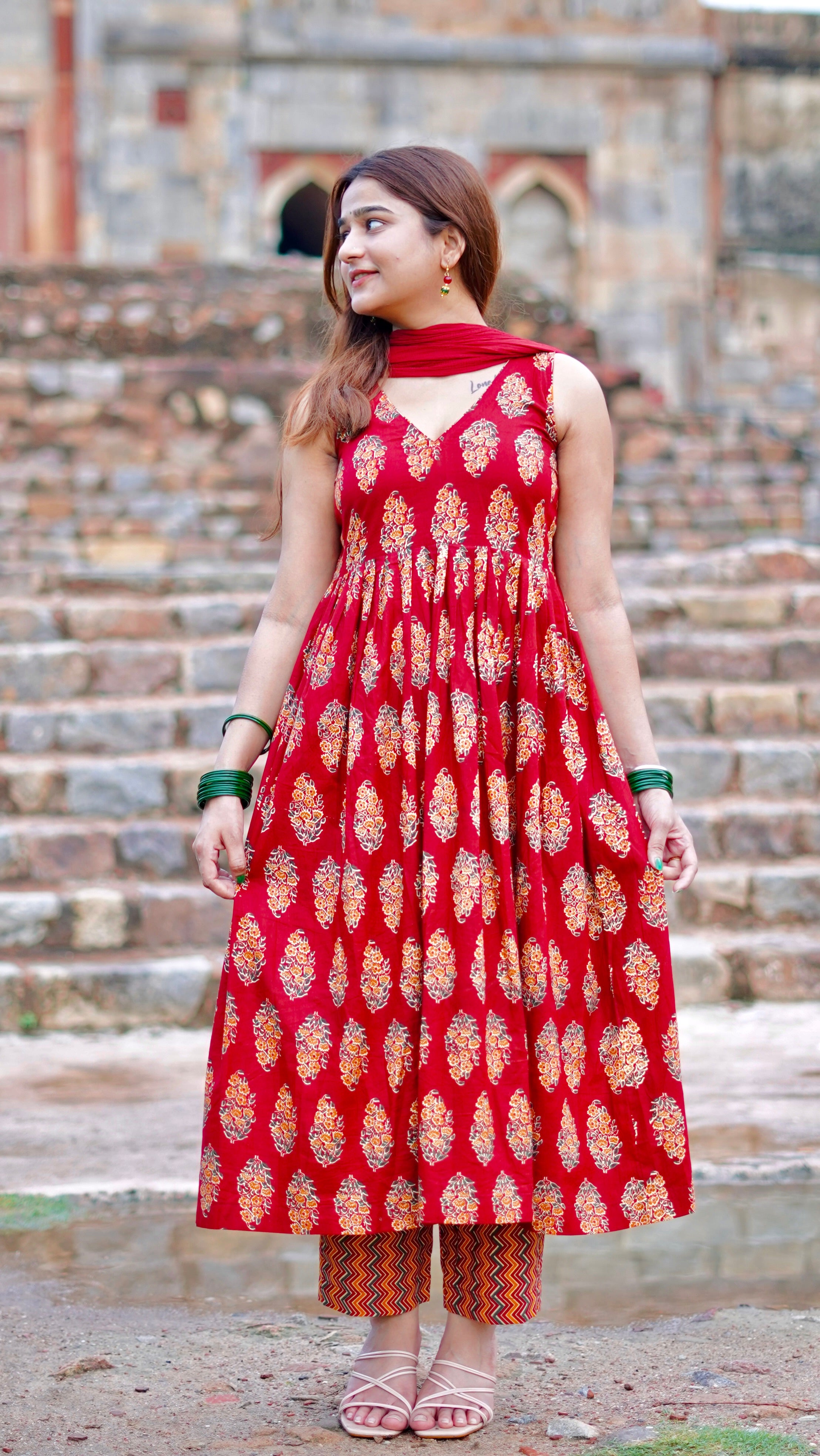 Printed Anarkali Cotton Suit Set (3-Piece Set)
