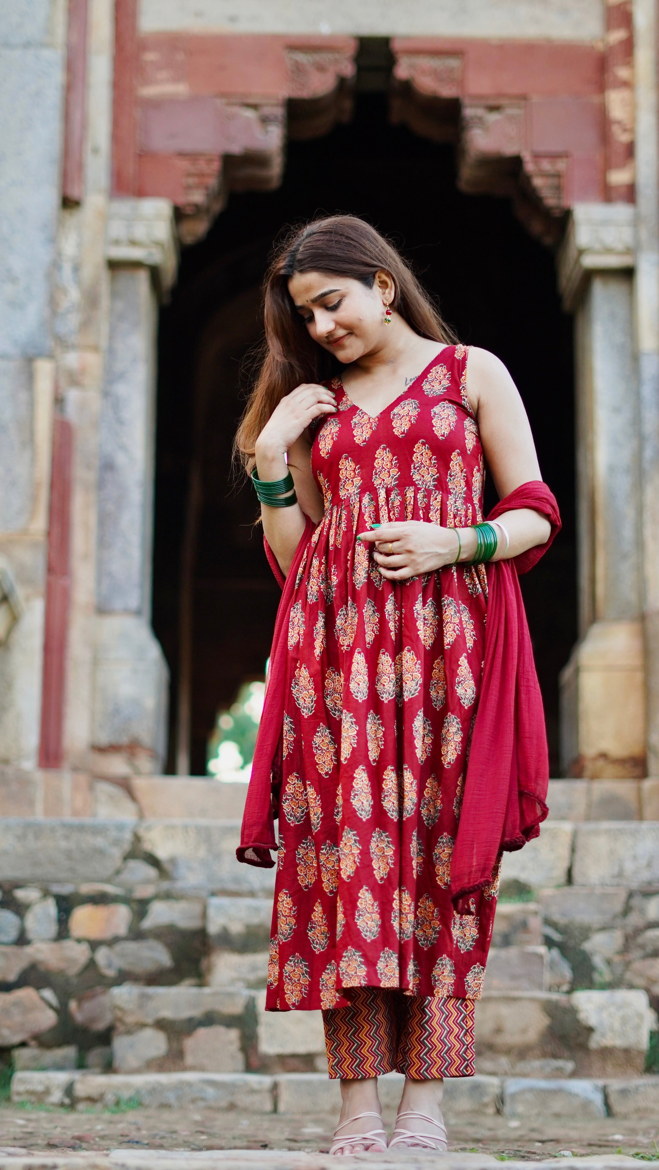 Printed Anarkali Cotton Suit Set (3-Piece Set)