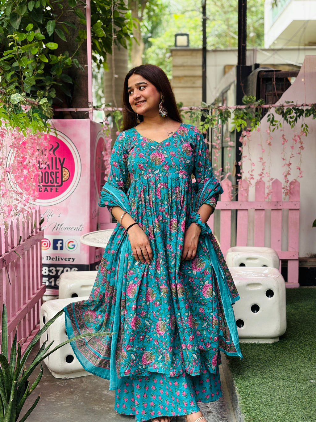 Teal Blue Floral Anarkali Set