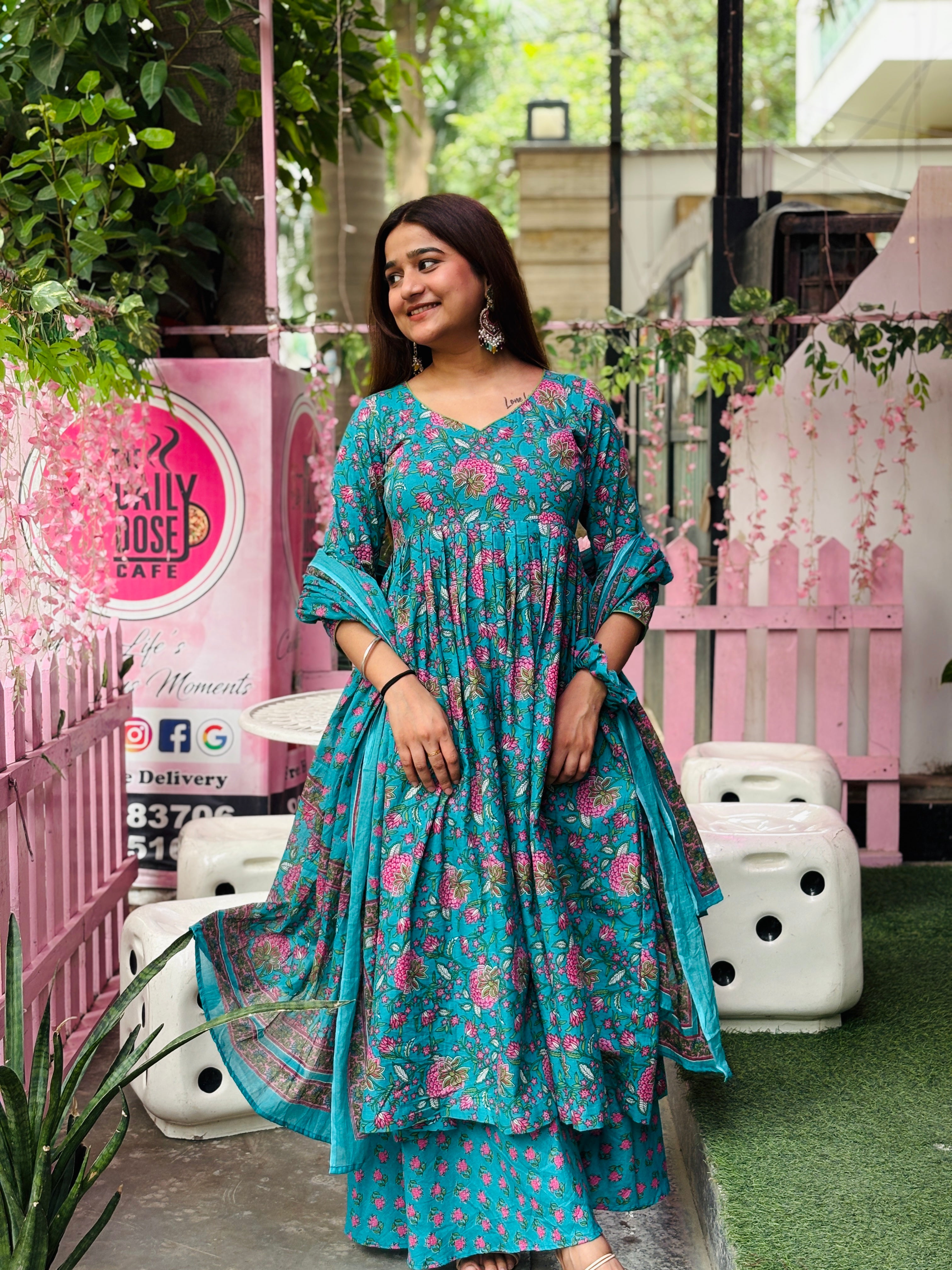 Teal Blue Floral Anarkali Set