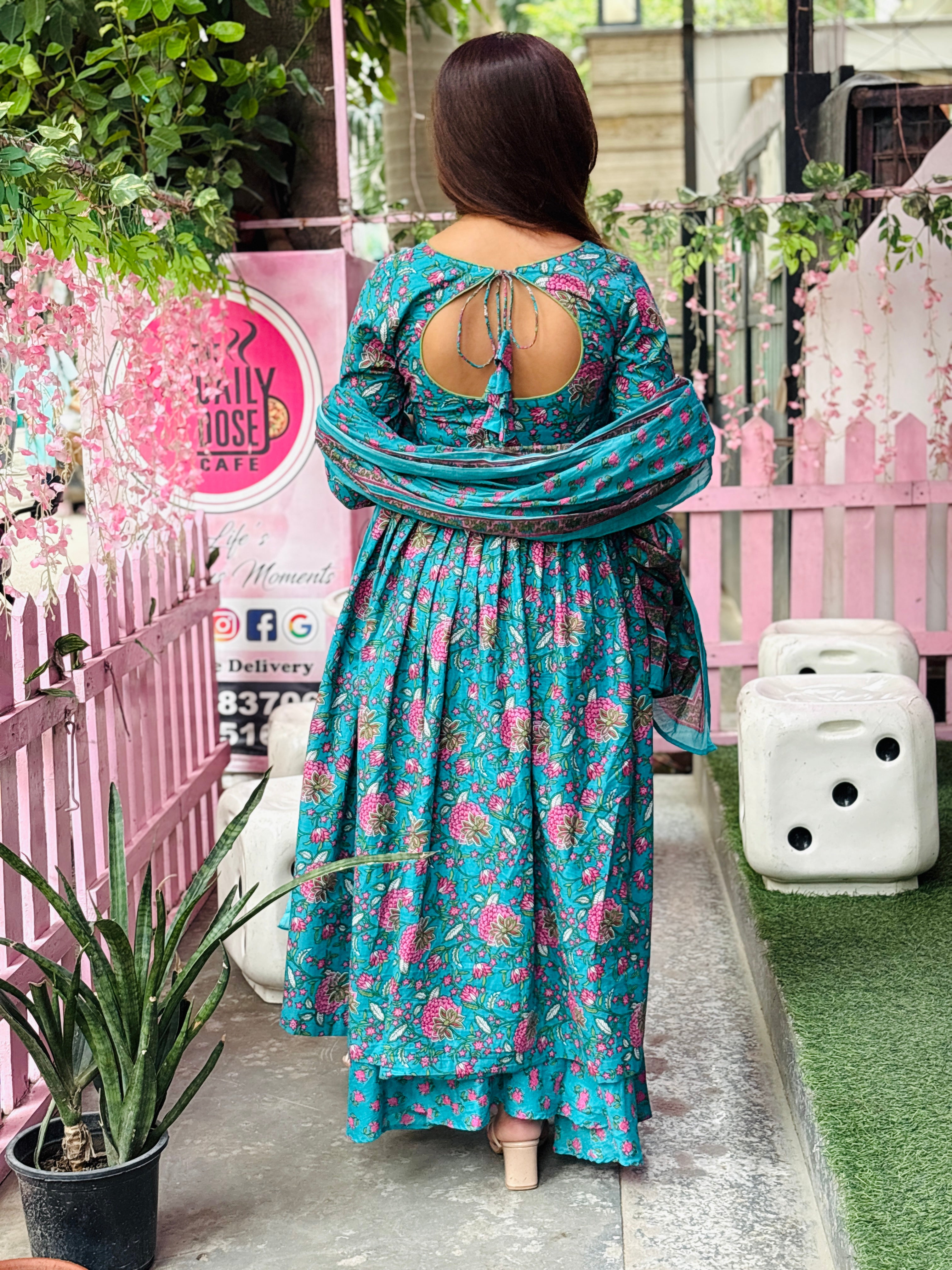 Teal Blue Floral Anarkali Set