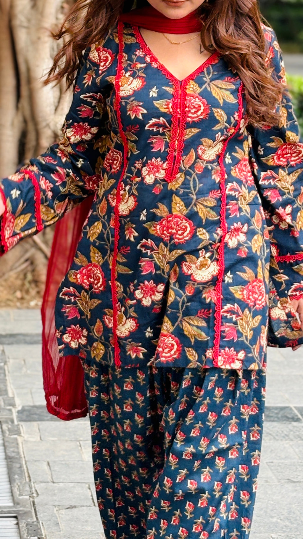 Gulrukh Navy Blue Gulabo Floral Printed Suit Set with Dupatta