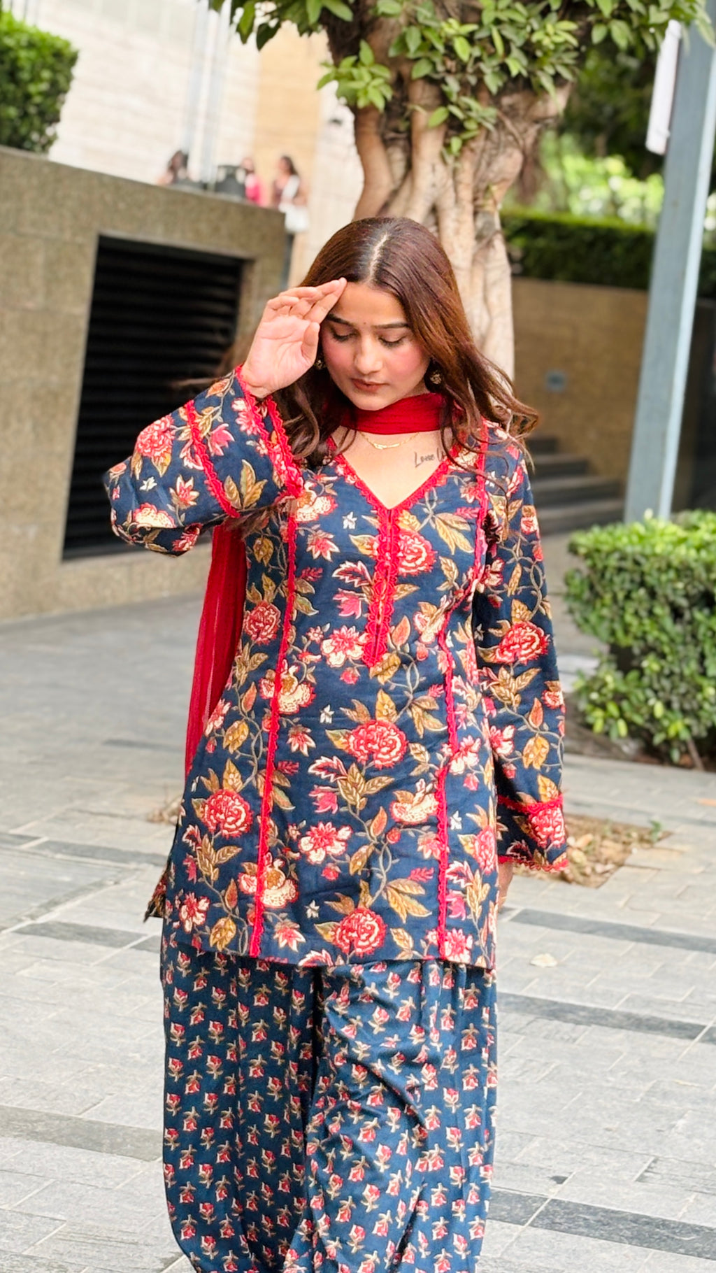 Gulrukh Navy Blue Gulabo Floral Printed Suit Set with Dupatta