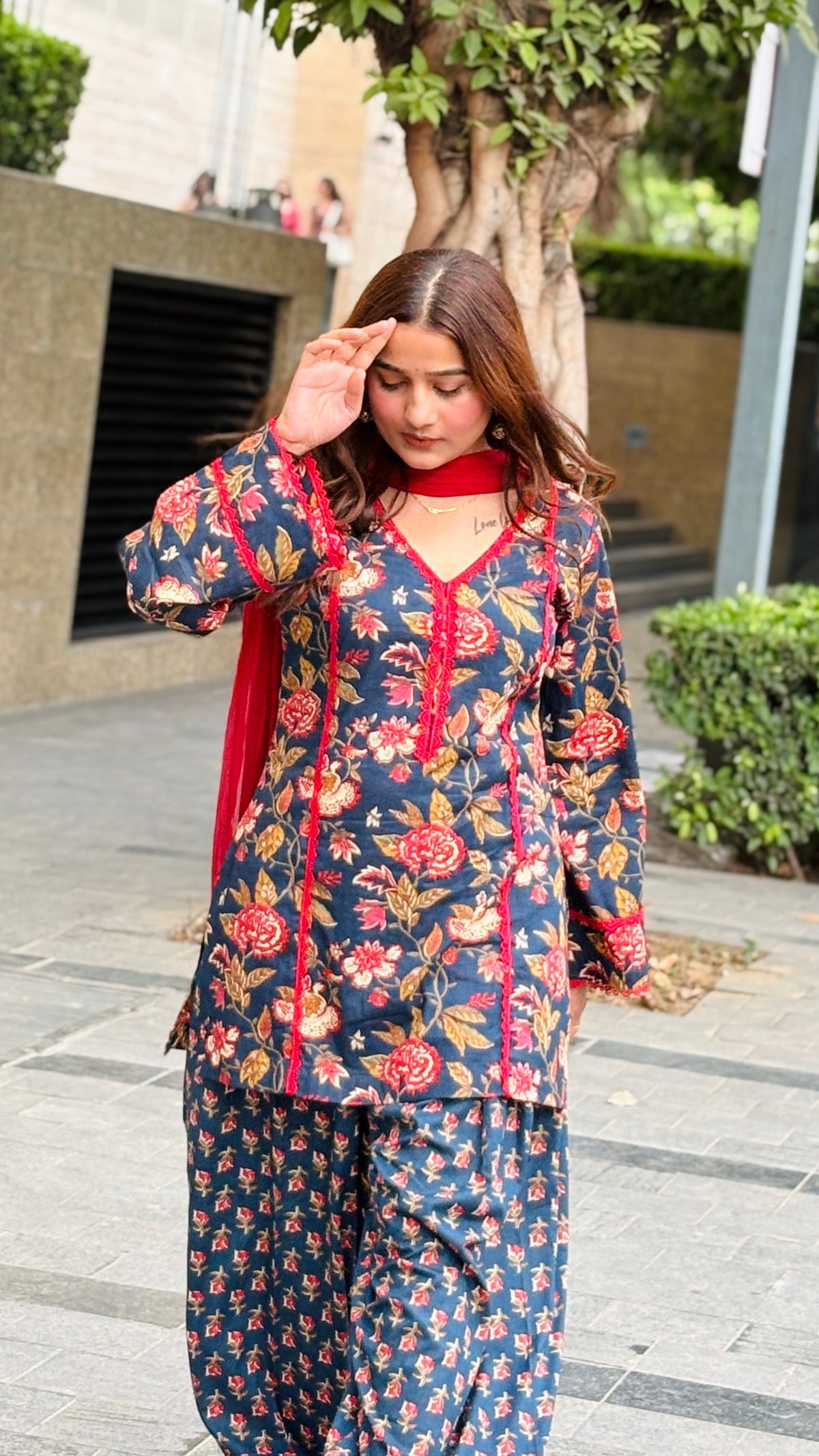 Gulrukh Navy Blue Gulabo Floral Printed Suit Set with Dupatta