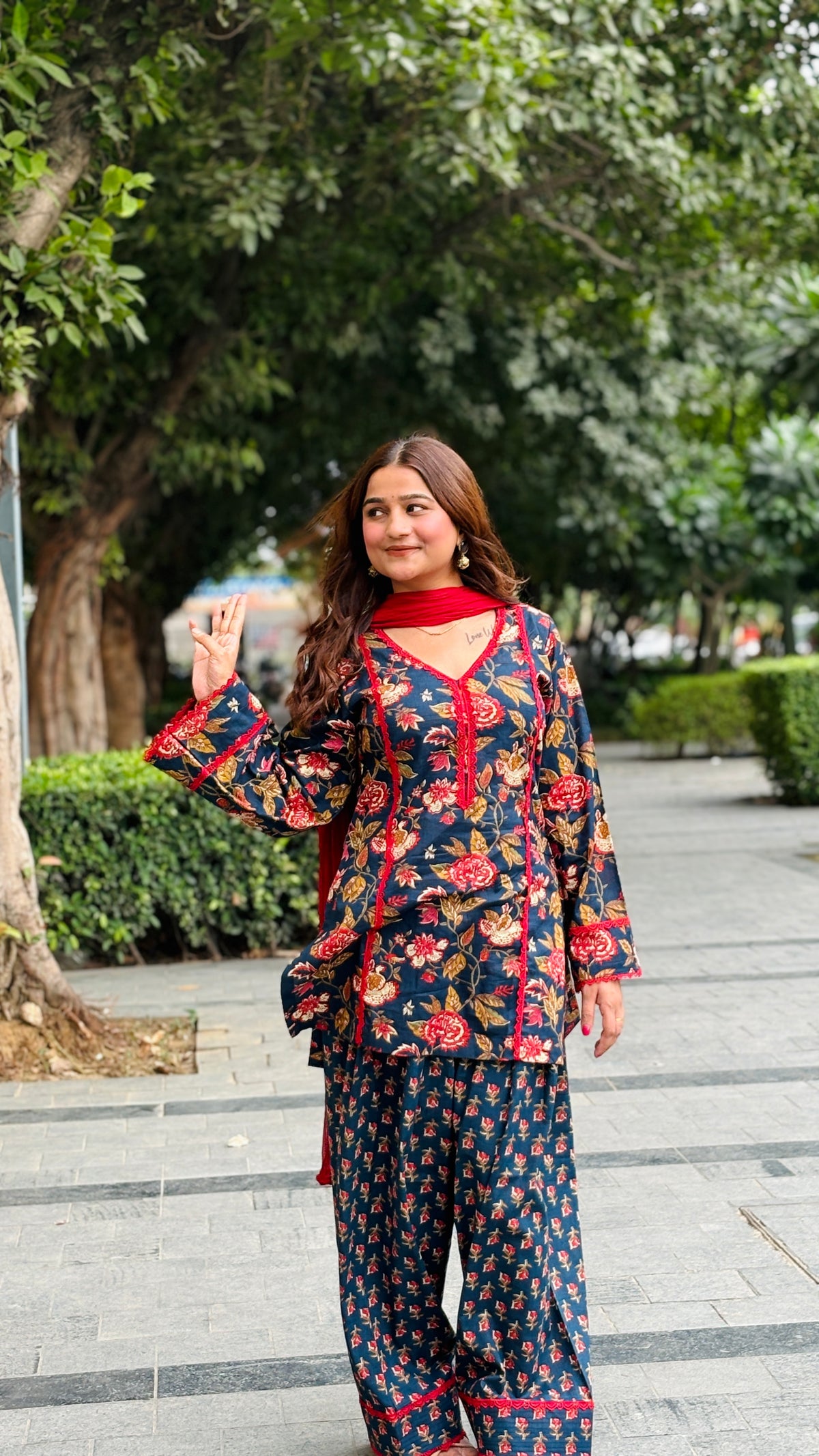 Gulrukh Navy Blue Gulabo Floral Printed Suit Set with Dupatta
