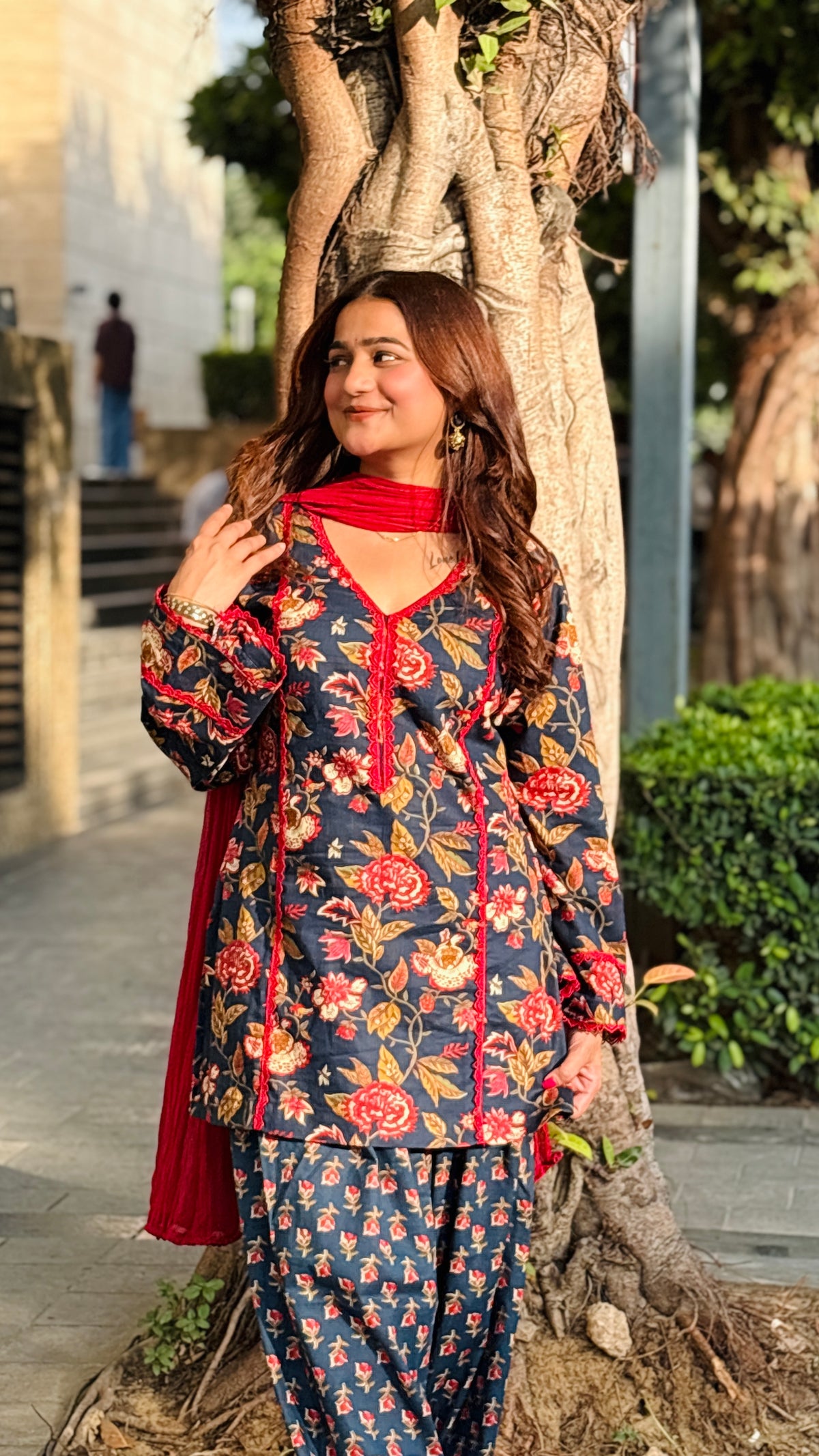 Gulrukh Navy Blue Gulabo Floral Printed Suit Set with Dupatta