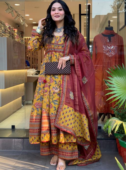 Women Floral Printed Empire Pure Cotton Kurta with Palazzos & With Dupatta