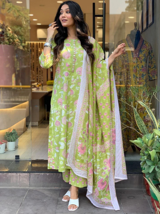 Floral Printed Pure Cotton A-Line Kurta With Palazzos And Dupatta