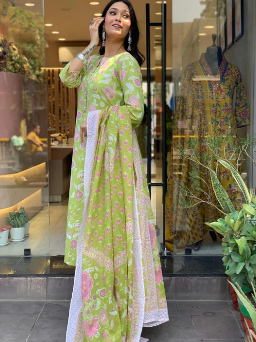 Floral Printed Pure Cotton A-Line Kurta With Palazzos And Dupatta