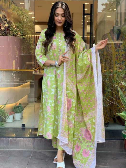 Floral Printed Pure Cotton A-Line Kurta With Palazzos And Dupatta
