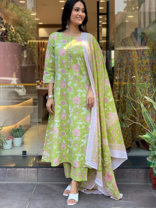 Floral Printed Pure Cotton A-Line Kurta With Palazzos And Dupatta