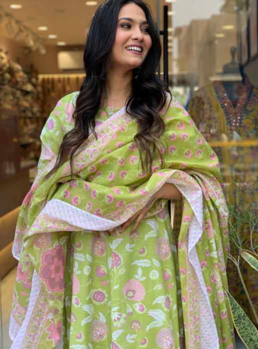 Floral Printed Pure Cotton A-Line Kurta With Palazzos And Dupatta