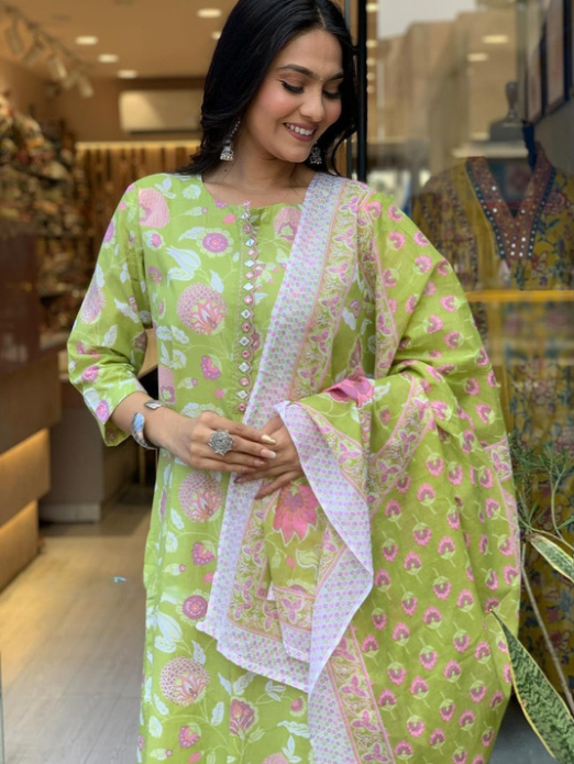 Floral Printed Pure Cotton A-Line Kurta With Palazzos And Dupatta