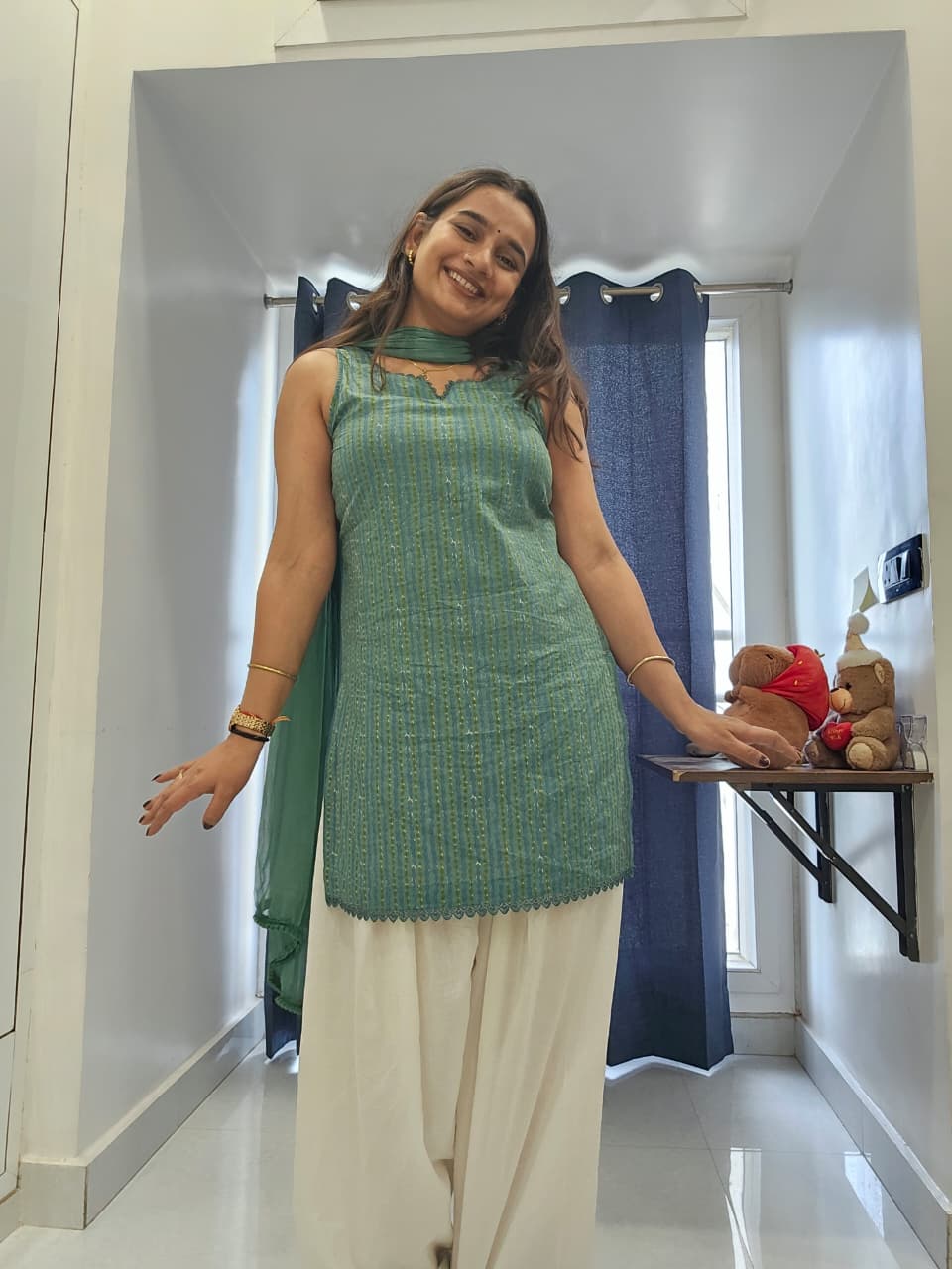 Aqua Green Self-Pattern Woven Cotton Farshi Suit Set