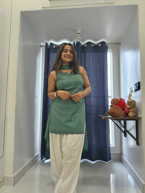 Aqua Green Self-Pattern Woven Cotton Farshi Suit Set