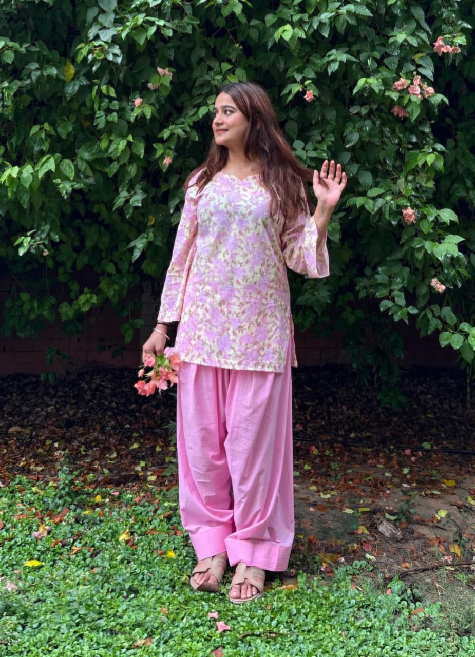 Blush Pink Floral Printed Kurta with Solid Farshi Salwar Suit Set