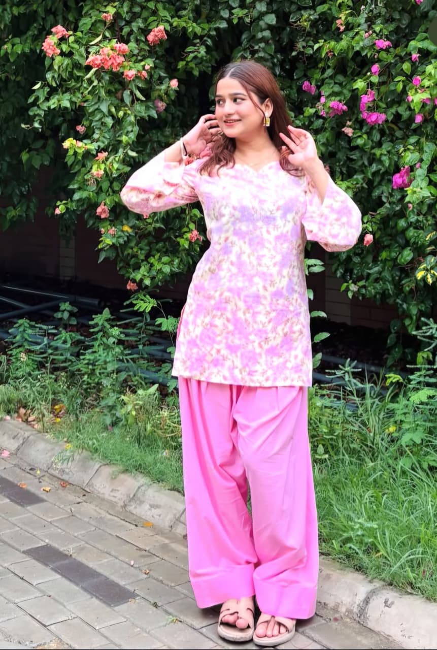 Blush Pink Floral Printed Kurta with Solid Farshi Salwar Suit Set
