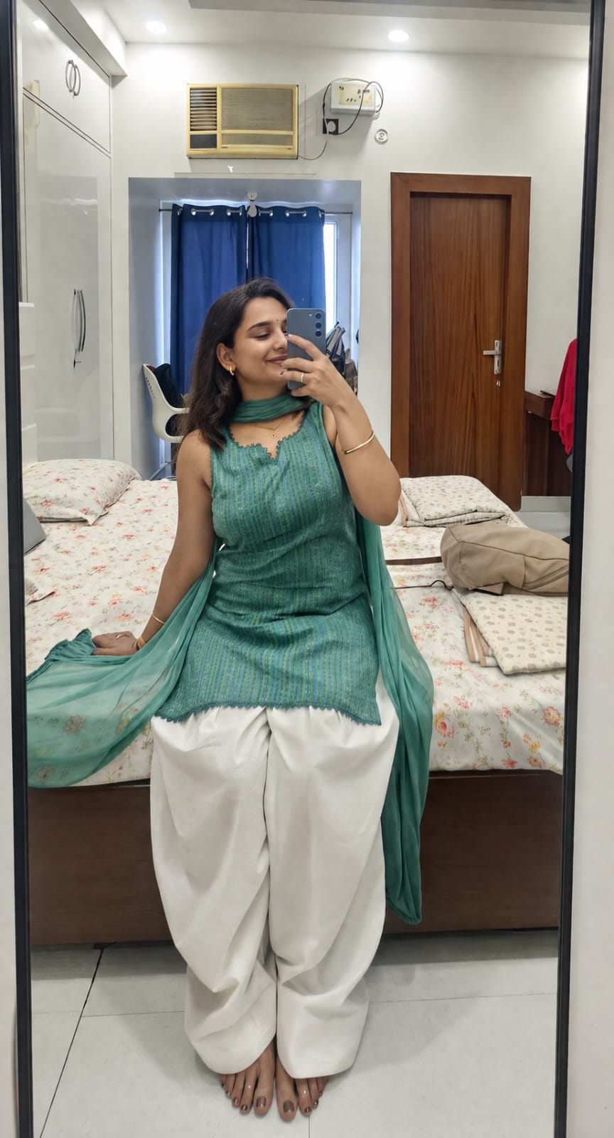 Aqua Green Self-Pattern Woven Cotton Farshi Suit Set