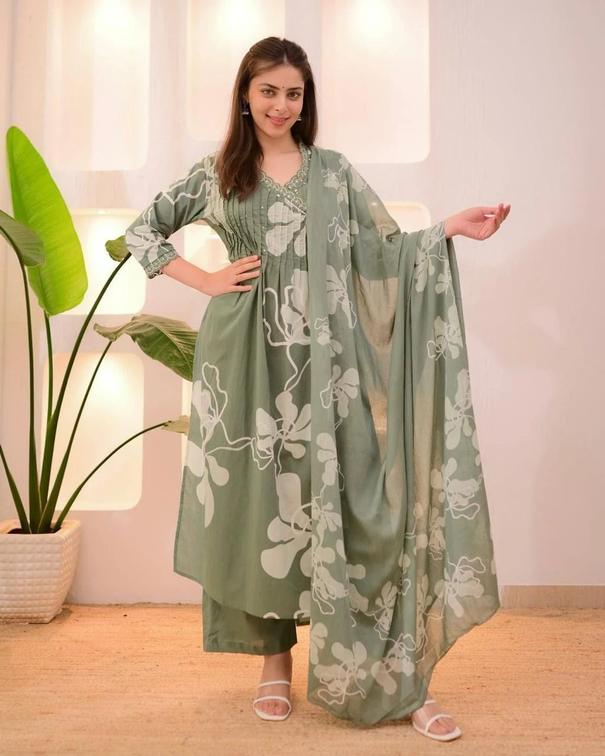 Green Pure Taj Cotton A-Line Kurta Set with Pant, Dupatta, Floral Print, Mirror Handwork, ¾ Sleeves