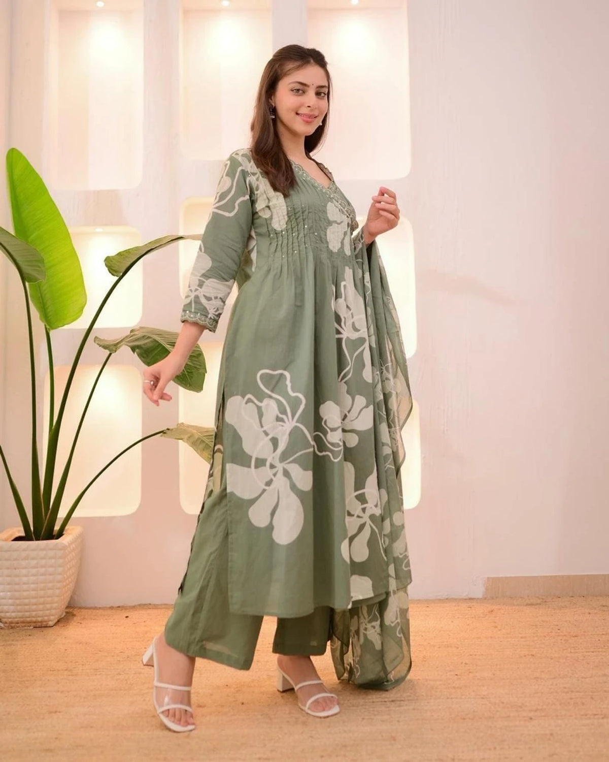 Green Pure Taj Cotton A-Line Kurta Set with Pant, Dupatta, Floral Print, Mirror Handwork, ¾ Sleeves