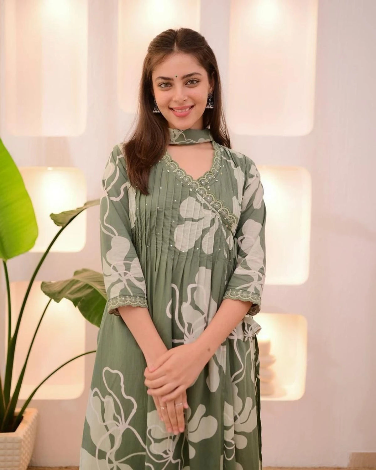Green Pure Taj Cotton A-Line Kurta Set with Pant, Dupatta, Floral Print, Mirror Handwork, ¾ Sleeves