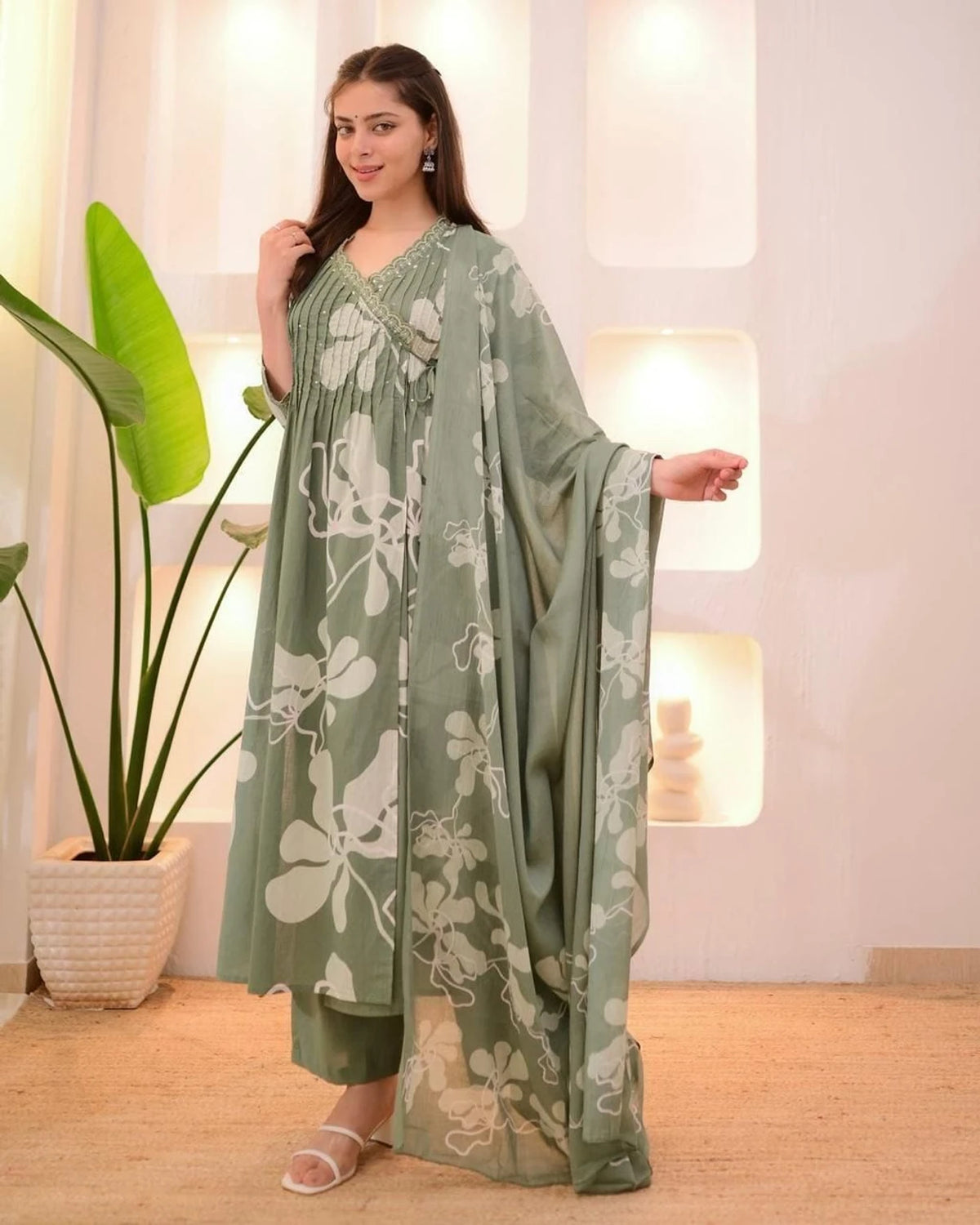 Green Pure Taj Cotton A-Line Kurta Set with Pant, Dupatta, Floral Print, Mirror Handwork, ¾ Sleeves
