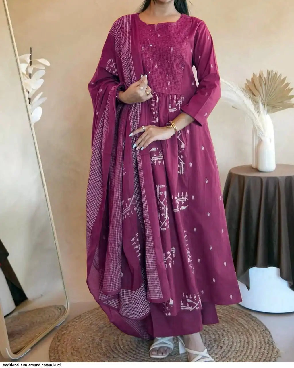 Women's Cotton Embroidered Work Anarkali Kurti with Pant and Dupatta Set