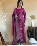 Women's Cotton Embroidered Work Anarkali Kurti with Pant and Dupatta Set