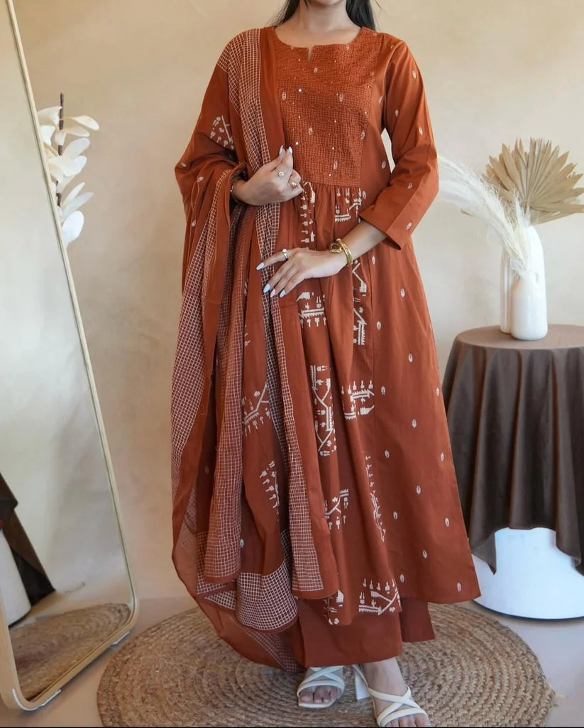Women's Cotton Embroidered Work Anarkali Kurti with Pant and Dupatta Set