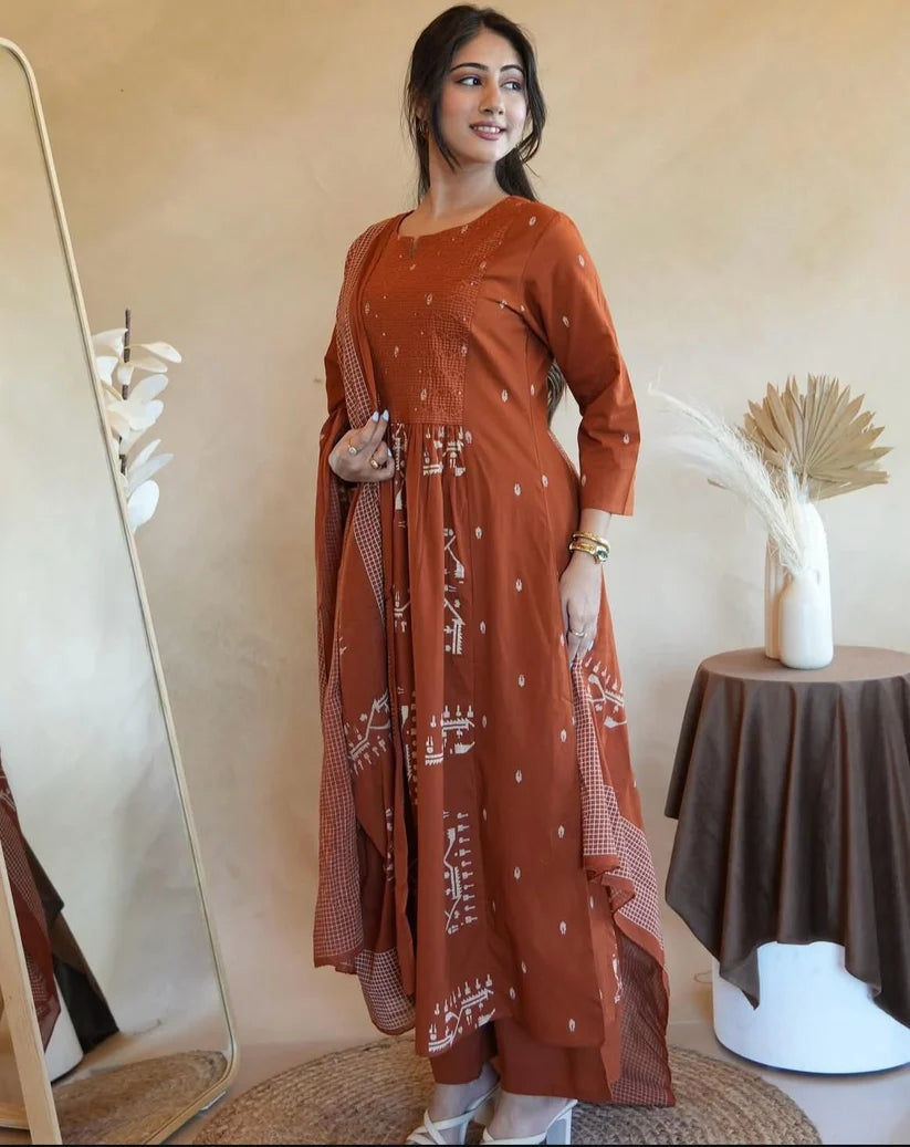 Women's Cotton Embroidered Work Anarkali Kurti with Pant and Dupatta Set