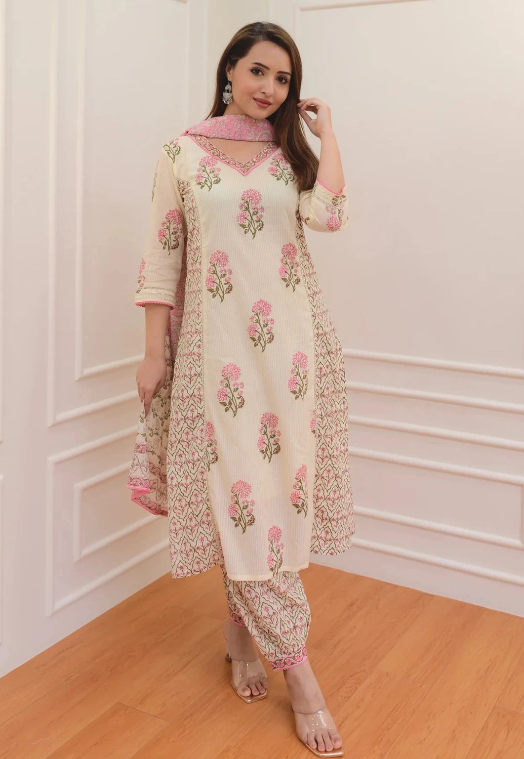 Floral Print Kurta, Palazzo & Dupatta Set