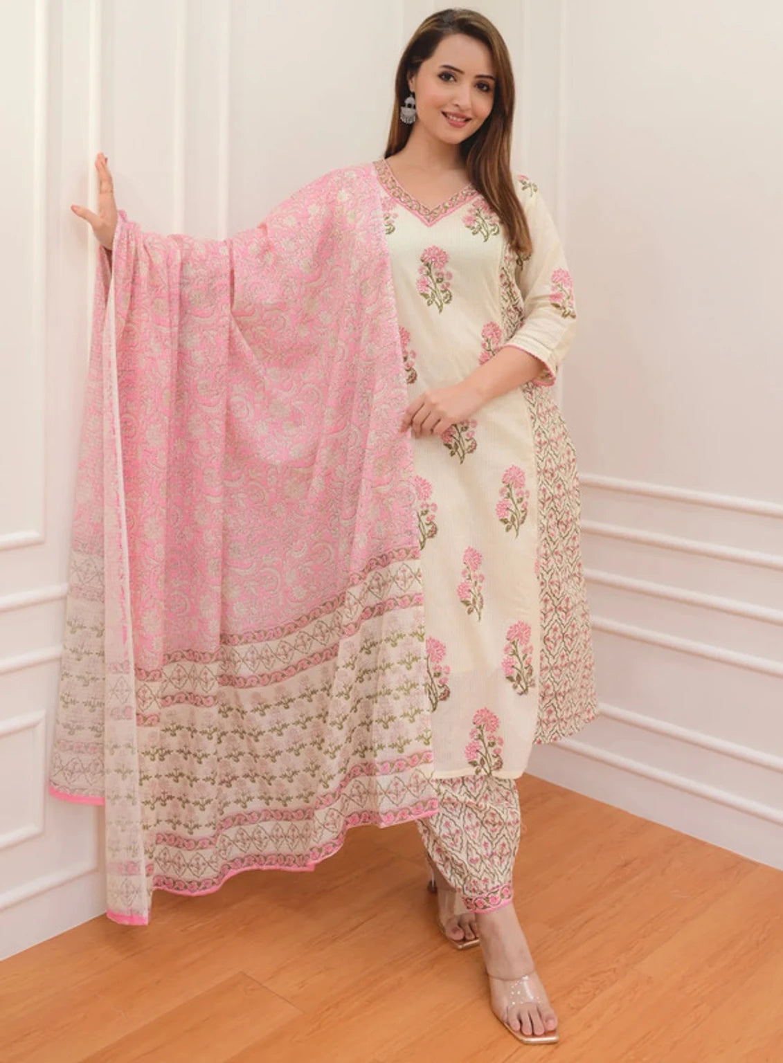 Floral Print Kurta, Palazzo & Dupatta Set