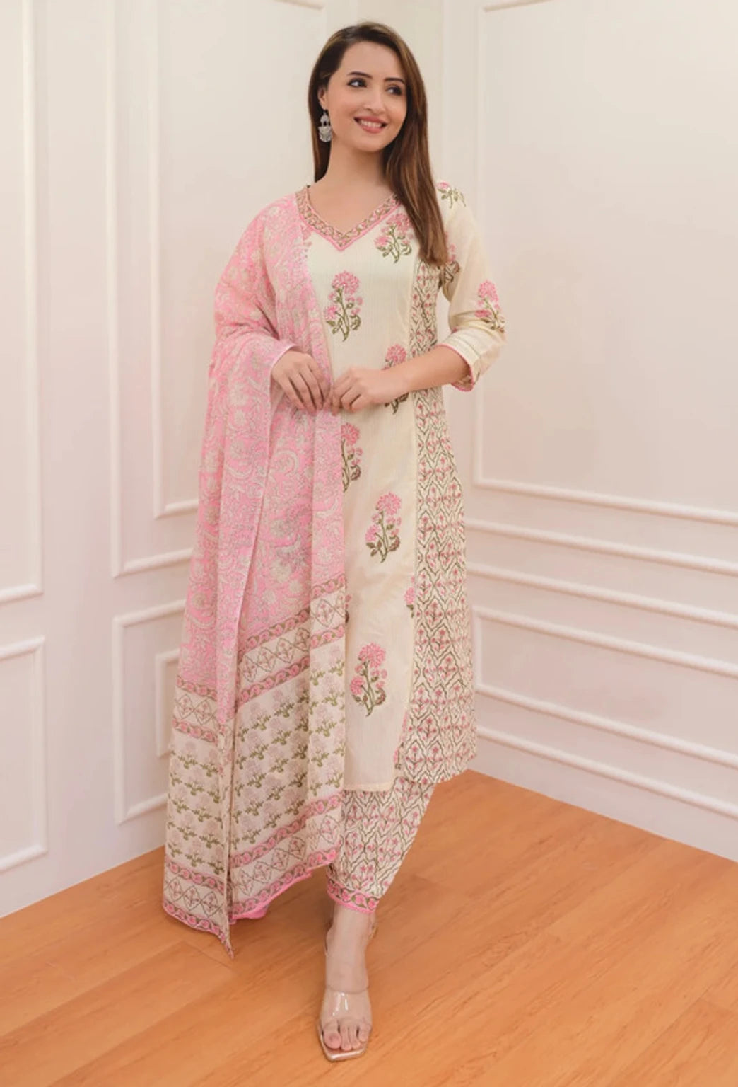 Floral Print Kurta, Palazzo & Dupatta Set